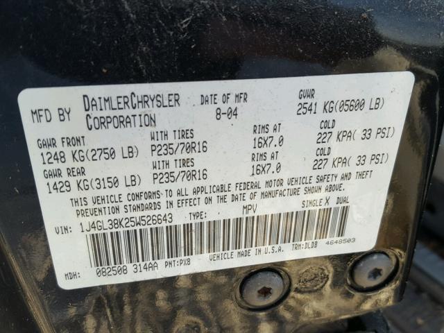 1J4GL38K25W526643 - 2005 JEEP LIBERTY RE BLACK photo 10