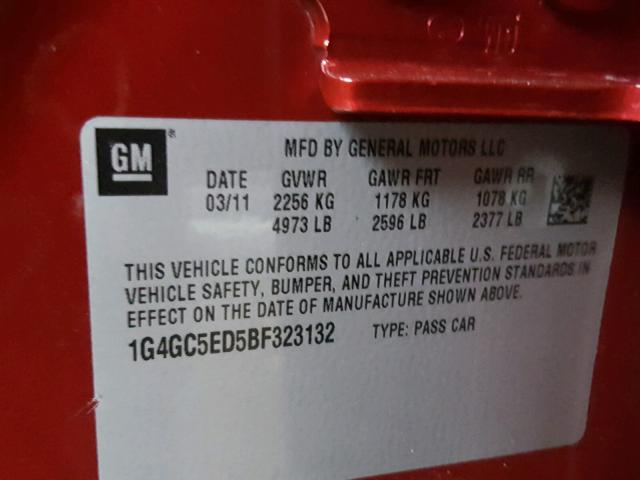 1G4GC5ED5BF323132 - 2011 BUICK LACROSSE C BURGUNDY photo 10