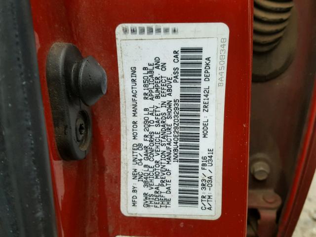 1NXBU40E29Z032935 - 2009 TOYOTA COROLLA BA RED photo 10