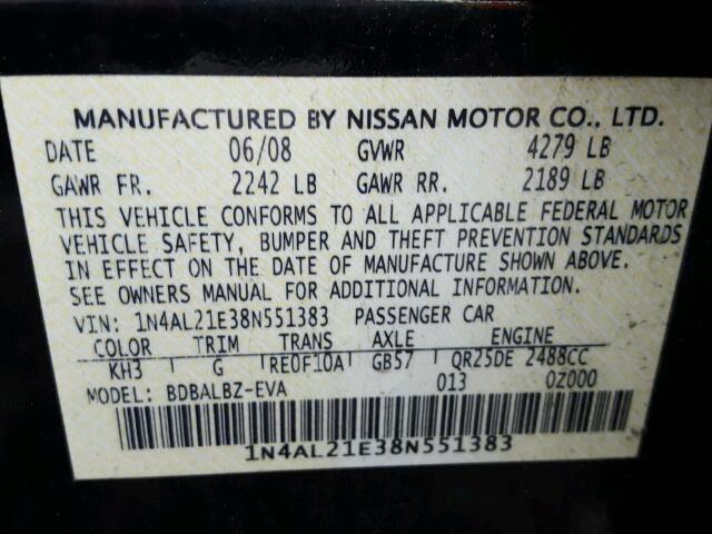 1N4AL21E38N551383 - 2008 NISSAN ALTIMA 2.5 BLACK photo 10