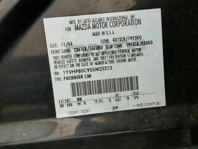 1YVHP80C955M25213 - 2005 MAZDA 6 I BLACK photo 10