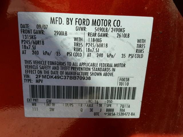 2FMDK49C37BB70938 - 2007 FORD EDGE SEL P ORANGE photo 10