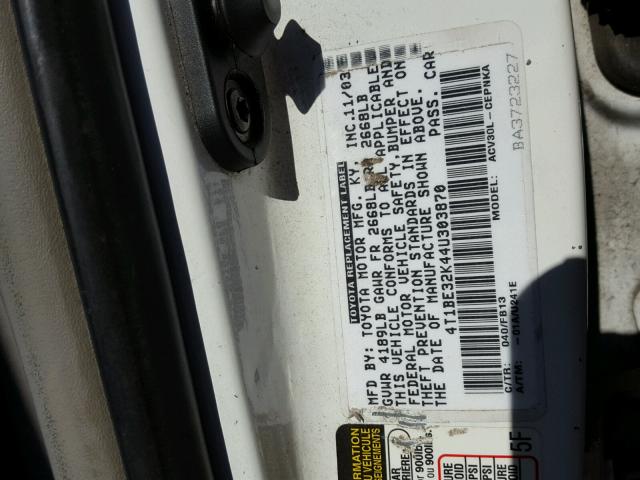 4T1BE32K44U303870 - 2004 TOYOTA CAMRY LE თეთრი ფოტო 10