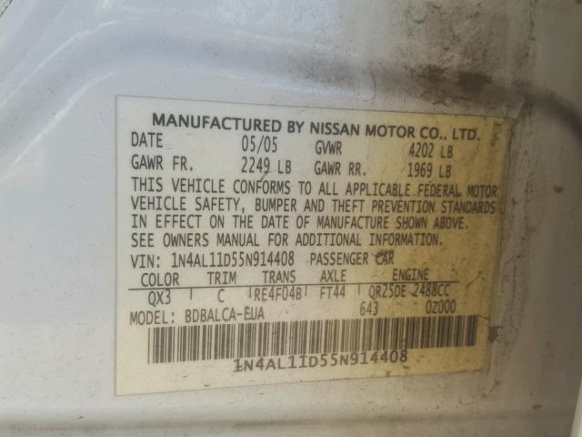 1N4AL11D55N914408 - 2005 NISSAN ALTIMA S WHITE photo 10