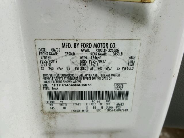 1FTPX14546NA06675 - 2006 FORD F150 WHITE photo 10