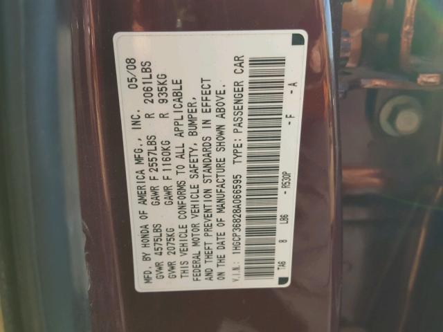 1HGCP36828A066595 - 2008 HONDA ACCORD EXL BURGUNDY photo 10