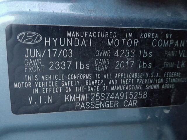 KMHWF25S74A915258 - 2004 HYUNDAI SONATA GL BLUE photo 10