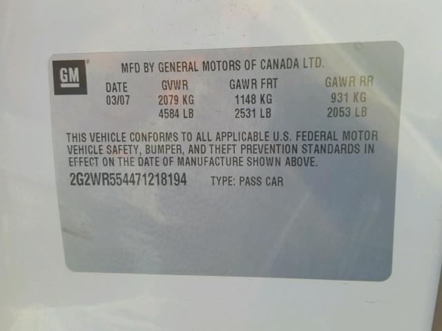 2G2WR554471218194 - 2007 PONTIAC GRAND PRIX WHITE photo 10