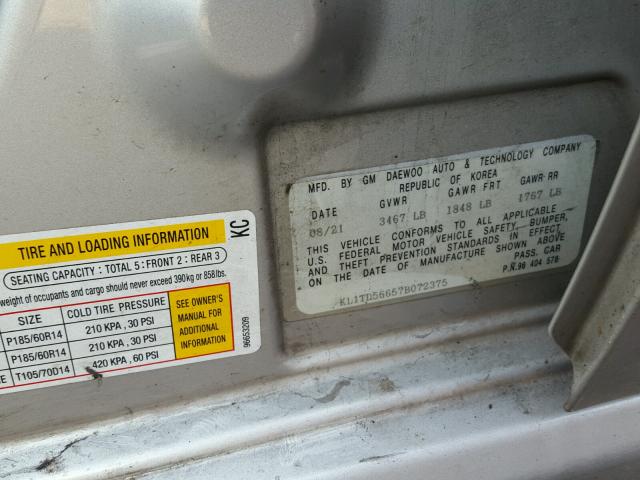 KL1TD56657B072375 - 2007 CHEVROLET AVEO BASE Szary zdjęcie 10