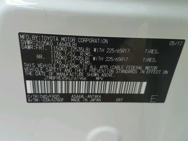 JTMBFREV5HJ161966 - 2017 TOYOTA RAV4 LE WHITE photo 10