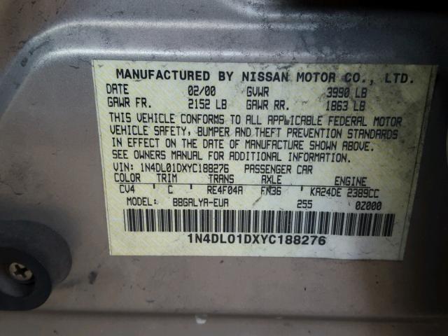 1N4DL01DXYC188276 - 2000 NISSAN ALTIMA XE TAN photo 10