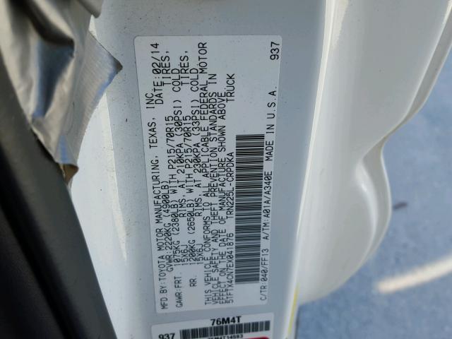 5TFTX4CN7EX041876 - 2014 TOYOTA TACOMA ACC WHITE photo 10