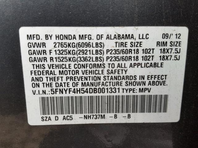 5FNYF4H54DB001331 - 2013 HONDA PILOT EXL GRAY photo 10