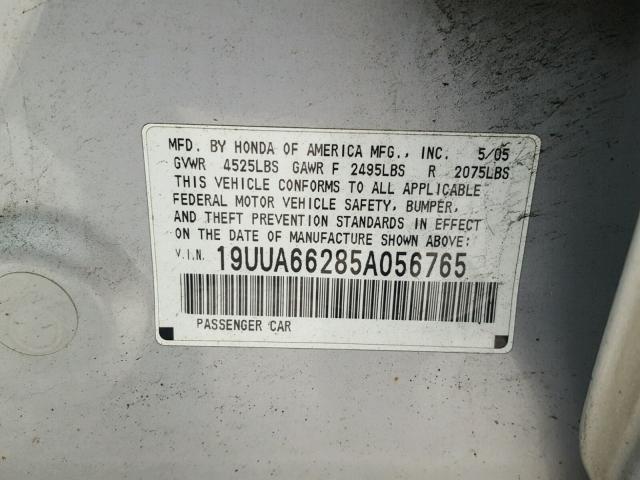 19UUA66285A056765 - 2005 ACURA TL SILVER photo 10