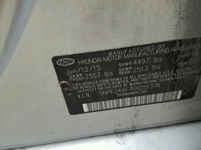 5NPE24AF7FH251376 - 2015 HYUNDAI SONATA SE GRAY photo 10