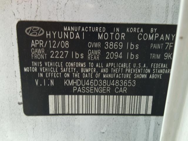 KMHDU46D38U483653 - 2008 HYUNDAI ELANTRA GL WHITE photo 10