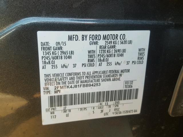 2FMTK4J81FBB94253 - 2015 FORD EDGE SEL GRAY photo 10