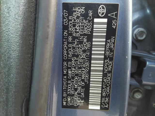 JTDBT923871141785 - 2007 TOYOTA YARIS BLUE photo 10