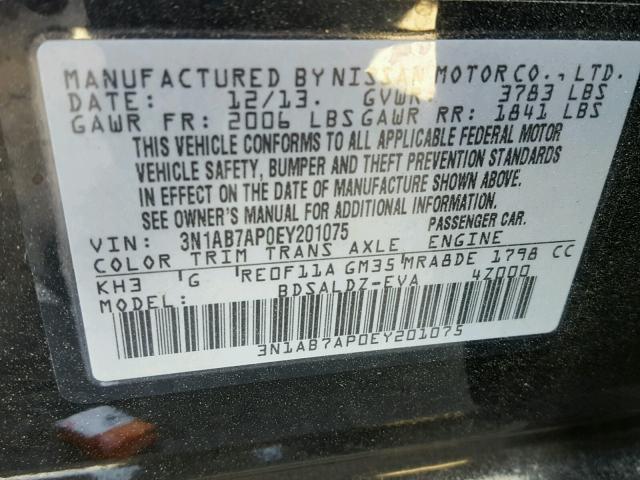 3N1AB7AP0EY201075 - 2014 NISSAN SENTRA S BLACK photo 10