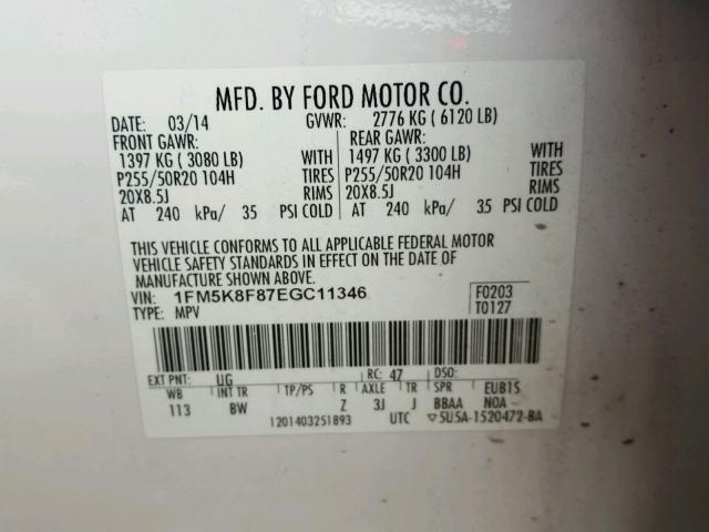 1FM5K8F87EGC11346 - 2014 FORD EXPLORER L WHITE photo 10