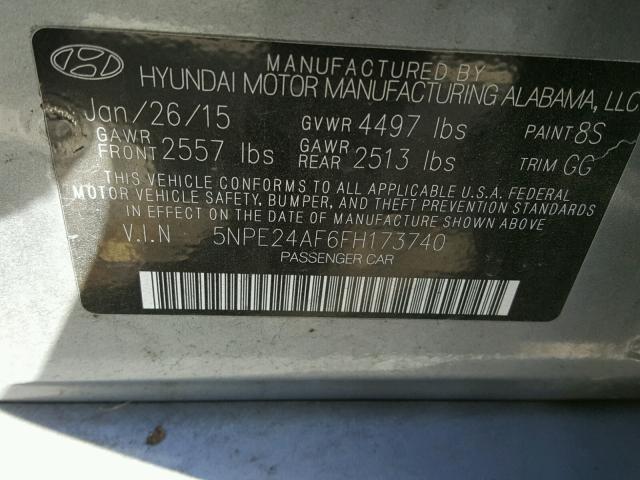 5NPE24AF6FH173740 - 2015 HYUNDAI SONATA SE GRAY photo 10