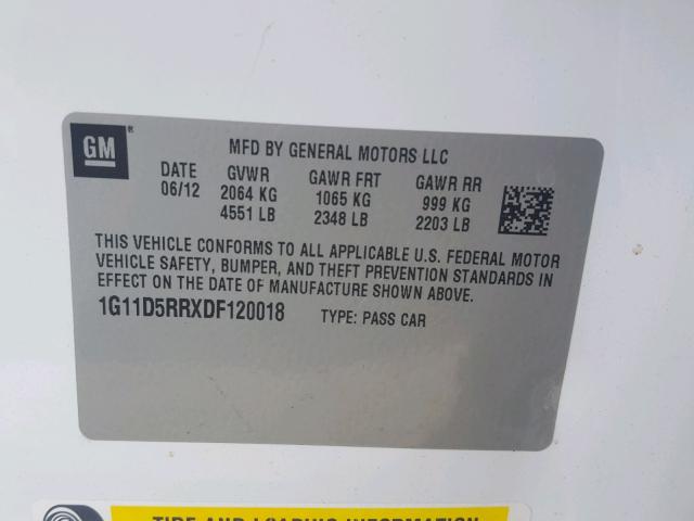 1G11D5RRXDF120018 - 2013 CHEVROLET MALIBU 1LT WHITE photo 10