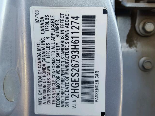 2HGES26793H611274 - 2003 HONDA CIVIC EX SILVER photo 10