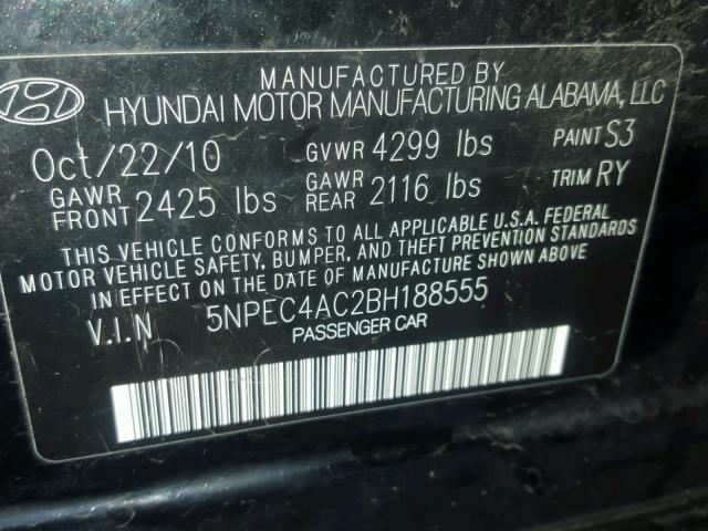 5NPEC4AC2BH188555 - 2011 HYUNDAI SONATA SE BLACK photo 10