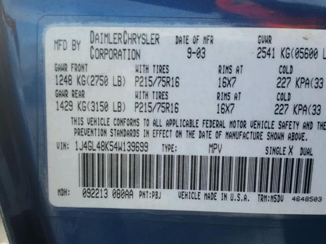 1J4GL48K54W139699 - 2004 JEEP LIBERTY SP BLUE photo 10