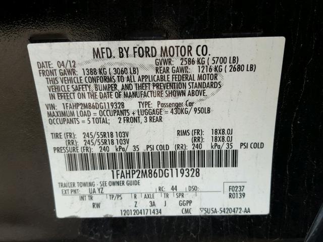 1FAHP2M86DG119328 - 2013 FORD TAURUS POL BLACK photo 10