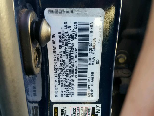 2T1KR32E74C309792 - 2004 TOYOTA COROLLA MA BLUE photo 10