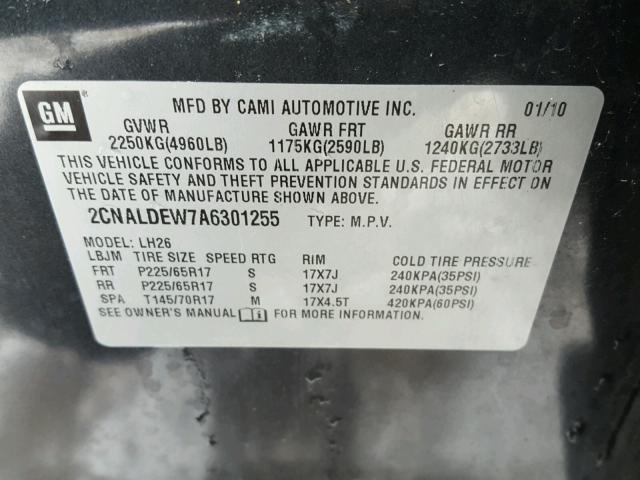 2CNALDEW7A6301255 - 2010 CHEVROLET EQUINOX LT BLACK photo 10