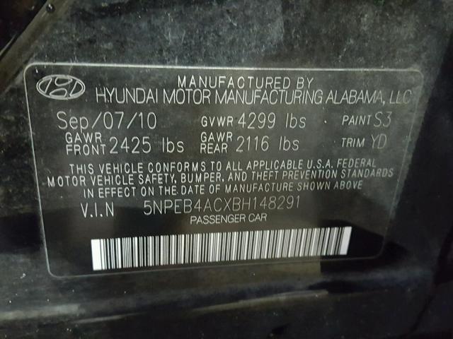 5NPEB4ACXBH148291 - 2011 HYUNDAI SONATA GLS BLACK photo 10