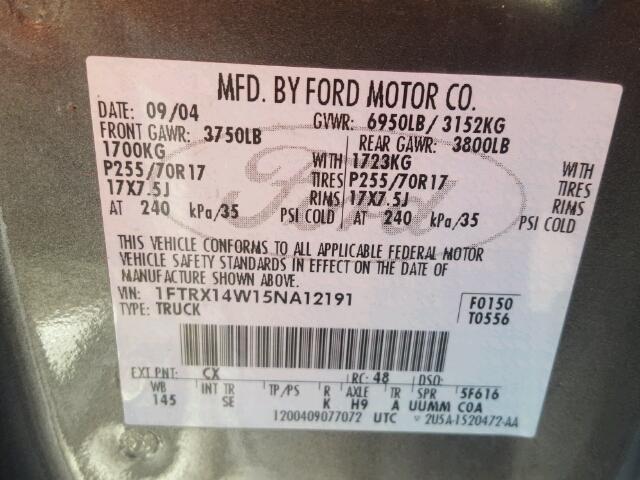 1FTRX14W15NA12191 - 2005 FORD F150 CHARCOAL photo 10