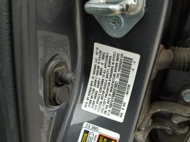 19XFA1F68BE010021 - 2011 HONDA CIVIC LX-S GRAY photo 10