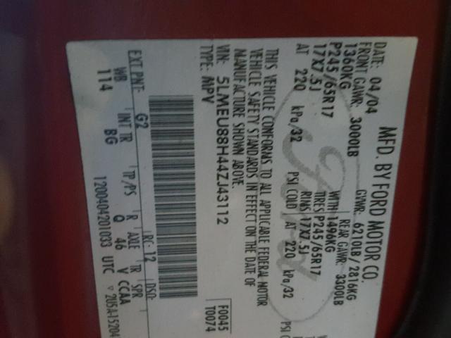 5LMEU88H44ZJ43112 - 2004 LINCOLN AVIATOR 红色 照片 10