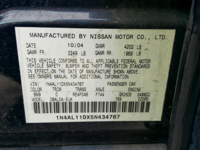 1N4AL11DX5N434767 - 2005 NISSAN ALTIMA S BLUE photo 10