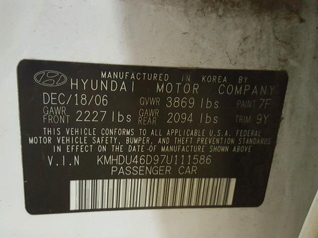 KMHDU46D97U111586 - 2007 HYUNDAI ELANTRA GL WHITE photo 10