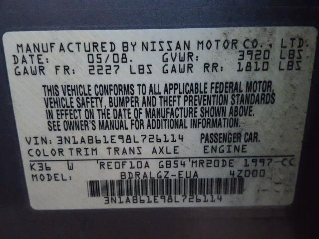 3N1AB61E98L726114 - 2008 NISSAN SENTRA 2.0 GRAY photo 10