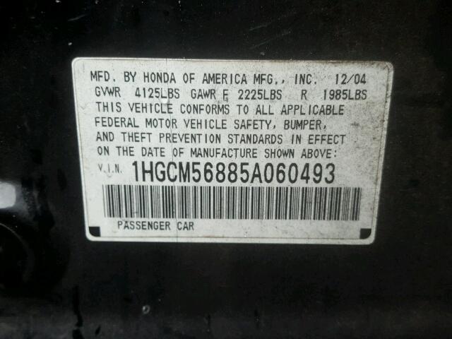 1HGCM56885A060493 - 2005 HONDA ACCORD EX BLACK photo 10