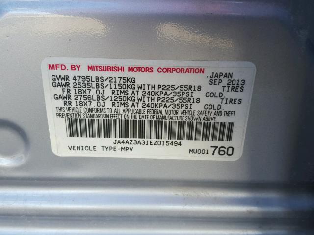 JA4AZ3A31EZ015494 - 2014 MITSUBISHI OUTLANDER SILVER photo 10