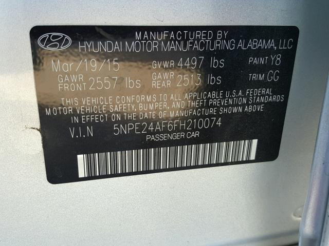 5NPE24AF6FH210074 - 2015 HYUNDAI SONATA SE SILVER photo 10