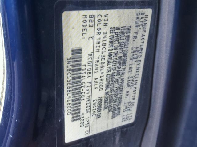 3N1BC13E88L418000 - 2008 NISSAN VERSA S BLUE photo 10