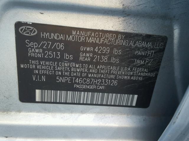 5NPET46C87H233126 - 2007 HYUNDAI SONATA GLS SILVER photo 10