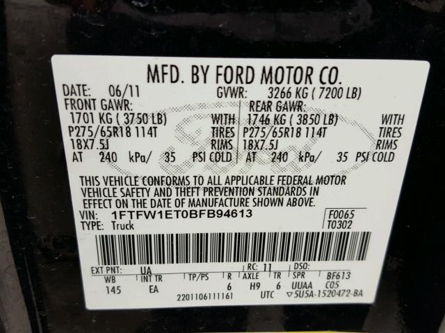 1FTFW1ET0BFB94613 - 2011 FORD F150 SUPER BLACK photo 10