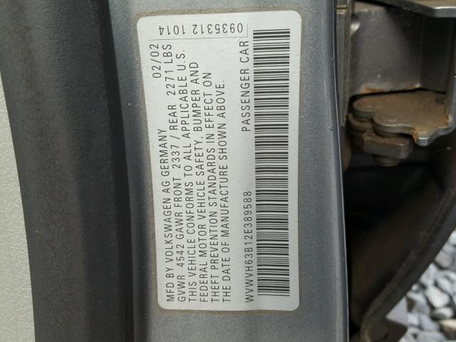 WVWVH63B12E389588 - 2002 VOLKSWAGEN PASSAT GLS GRAY photo 10