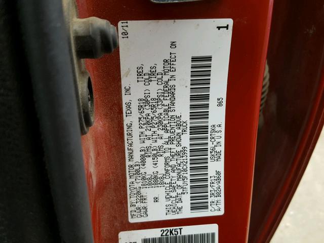 5TFUY5F10CX213999 - 2012 TOYOTA TUNDRA DOU RED photo 10