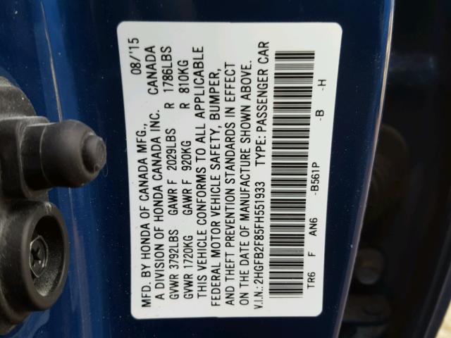 2HGFB2F85FH551933 - 2015 HONDA CIVIC EX BLUE photo 10