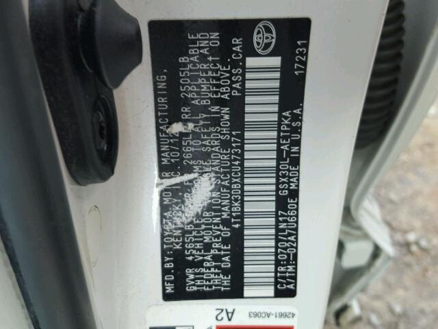 4T1BK3DBXCU473171 - 2012 TOYOTA AVALON BAS WHITE photo 10