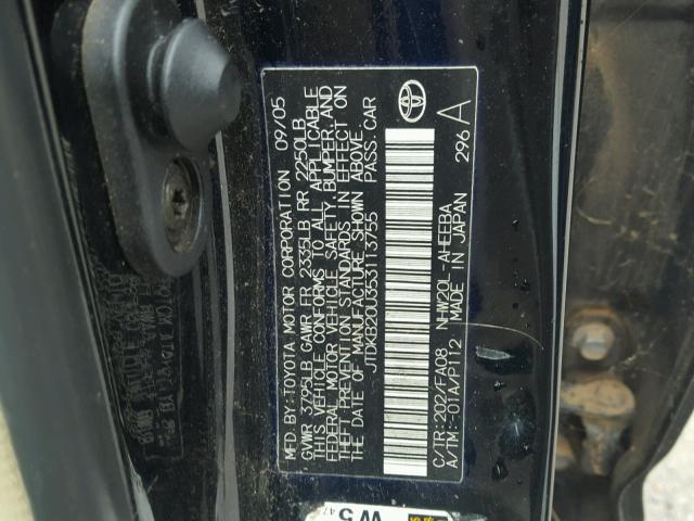 JTDKB20U353113755 - 2005 TOYOTA PRIUS BLACK photo 10